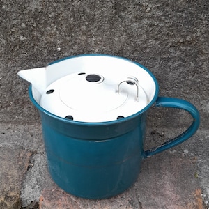Vintage large turquoise blue Czechoslovakian enamelware milk warmer or kettle with gold band nice & clean inside 1920s