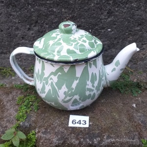 May include: Green and white enamel teapot with a black rim and a lid. The teapot has a marbled pattern and is sitting on a stone surface with green moss.