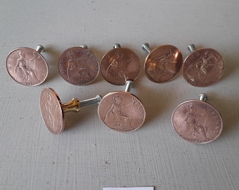 8 limited addition Royal Britannia vintage cabinet handles made from original English penny's all early 1900s NOT lacquered or coated