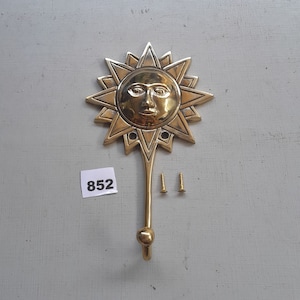 Cheerful large vintage style heavy cast brass sun coat hook NOT lacquered or coated includes FREE solid brass screws