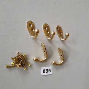 5 vintage style heavy cast brass Victorian design  coat hooks  in a polished finish NOT lacquered or coated includes FREE solid brass screws