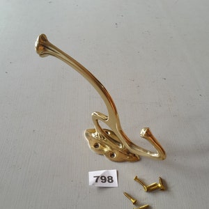 1 elegant vintage style solid brass arts & crafts coat hook in natural polished brass NOT lacquered or coated with FREE solid brass screws