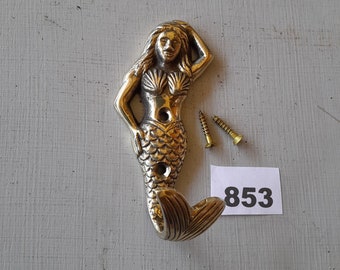 1 gancio appendiabiti in ottone fuso pesante in stile vintage con design Art Nouveau a forma di sirena, non laccato o rivestito, include viti in ottone massiccio GRATUITE