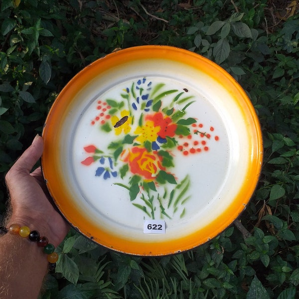 Vintage enamelware tray with yellow rim & floral design 1950s