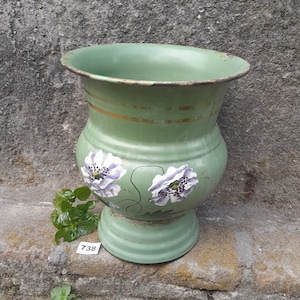 Vintage large teal green Czechoslovakian enamelware spittoon with over lay floral design 1920s enamel vase