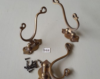 3 vintage style large solid brass folding coat hooks in an AGED finish NOT lacquered or coated includes FREE matching  solid brass screws