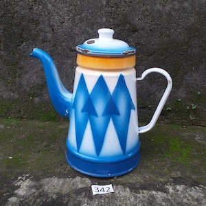 Vintage emaille koffiepot met blauw &wit art deco design jaren 1950