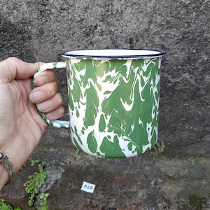 Vintage GIANT sized green splatter enamelware mug clean inside 1950s