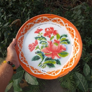 Vintage enamelware tray with red rim & floral design 1950s