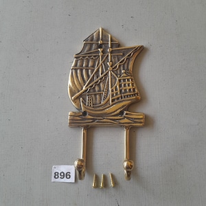 Cheerful large vintage style heavy cast brass galleon or ship coat hook NOT lacquered or coated includes FREE solid brass screws