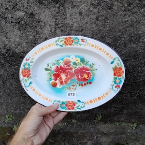 Vintage enamelware oval platter with floral design in bright vintage 1950s colors oval enamel plate