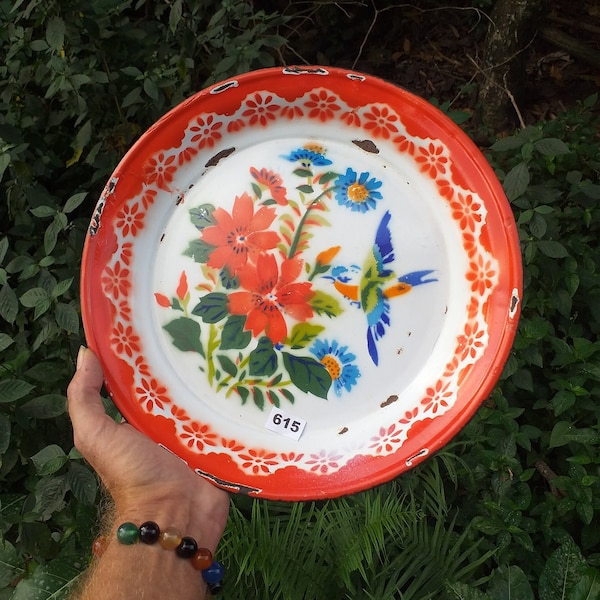 Vintage enamelware tray with red rim & humming bird in a floral design 1950s