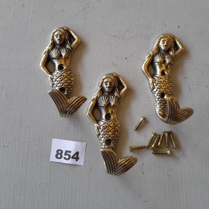 3 krokar i vintage-stil med kraftig gjuten mässing i jugendstil, sjöjungfru-stil, ej lackerade eller belagda, inklusive GRATIS skruvar i massiv mässing