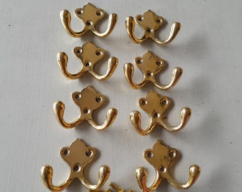 8 vintage style heavy cast brass Victorian design  double coat hooks  in a polished finish NOT lacquered or coated FREE solid brass screws