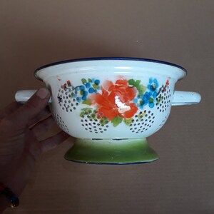 Vintage enamel colander strainer with flowers