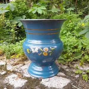 Vintage large turquoise blue Czechoslovakian enamelware spittoon with over lay floral design & butterfly 1920s enamel vase