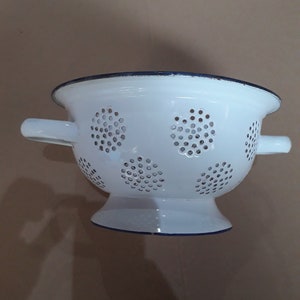 Vintage enamel colander strainer white enamel blue rim vintage enamelware beautiful condition