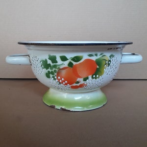 Vintage enamel colander strainer with tomato design