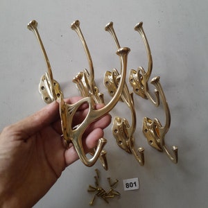 8 elegant vintage style solid brass arts & crafts coat hook in natural polished brass NOT lacquered or coated with FREE solid brass screws
