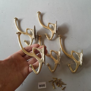 5 elegant vintage style solid brass arts & crafts coat hook in natural polished brass NOT lacquered or coated with FREE solid brass screws