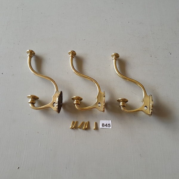 3 large vintage style classical Victorian design heavy cast brass coat hooks NOT lacquered or coated includes FREE solid brass screws