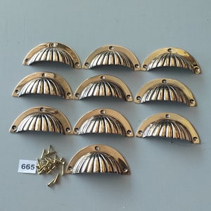 10 vintage style heavy cast brass shell design D cup draw pull handles NOT lacquered or coated includes FREE solid brass screws