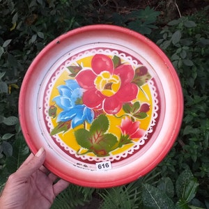 Vintage enamelware tray with red rim & cheerful floral design 1950s
