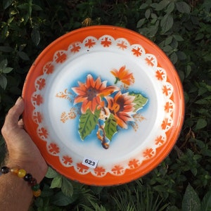 Vintage enamelware tray with red rim & floral design 1950s