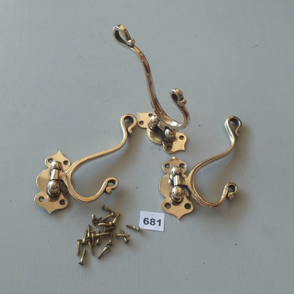 3 vintage style large solid brass folding coat hooks NOT lacquered or coated includes FREE  solid brass screws