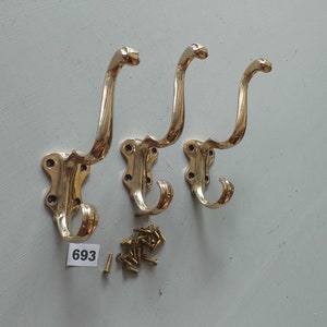 RESERVED for Lindsey 3 stylish art nouveau vintage style solid brass coat hooks NOT lacquered or coated includes FREE solid brass screws
