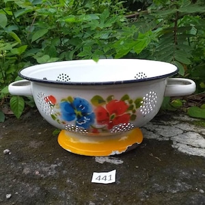 Vintage enamelware colander strainer with floral design 1950s