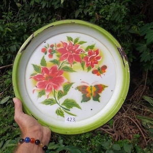 Vintage enamelware tray with floral design & butterfly design in bright vintage 1950s colors