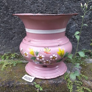 Vintage medium Czechoslovakian pink enamelware spittoon with over lay art work in a floral design 1920s enamel vase