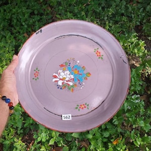Vintage Czechoslovakian lilac enamelware tray with over lay artwork early 1900s