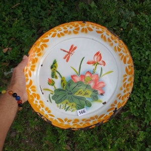 Vintage large enamelware tray with dragonfly & Water lily design 1950s