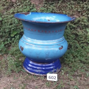 Vintage medium Czechoslovakian blue enamelware spittoon with early gold transfer work 1920s enamel vase