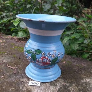 Vintage small Czechoslovakian sky blue enamelware spittoon with over lay art work in a floral design 1920s enamel vase