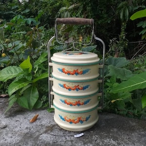 Vintage cream enamelware tiffin with floral design 1950s vintage enamel lunch box