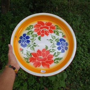 Vintage large enamelware orange rimmed tray with floral design 1950s