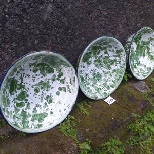 3 vintage green swirl enamelware small bowls 1950s