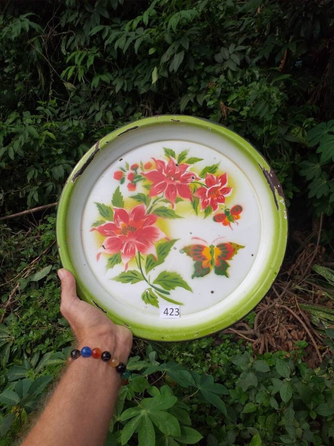 Vintage Enamelware Tray With Floral Design & Butterfly Design in Bright
