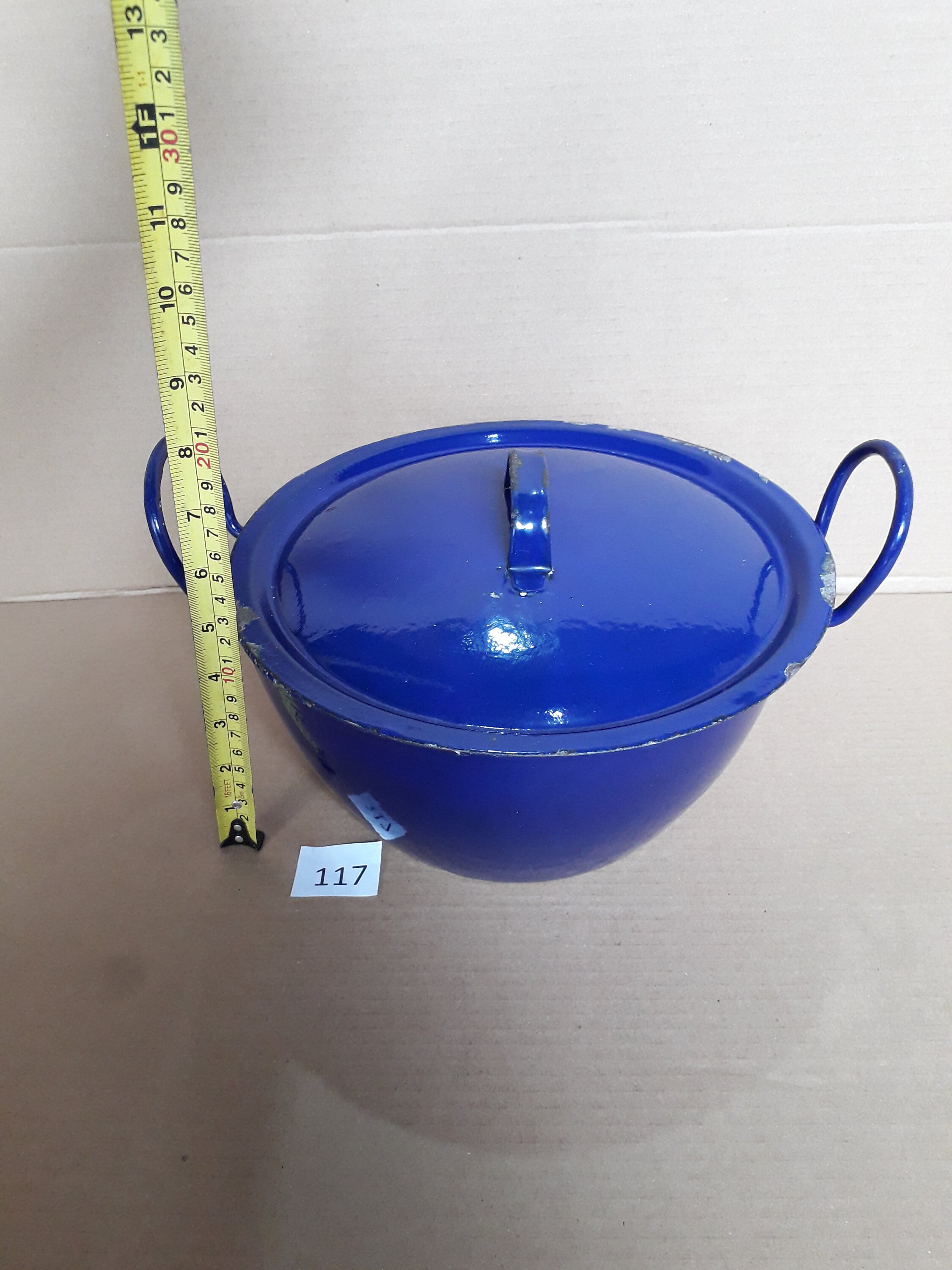 ヴィンテージ コバルトブルー 蓋付き大型鍋 エナメルウェア