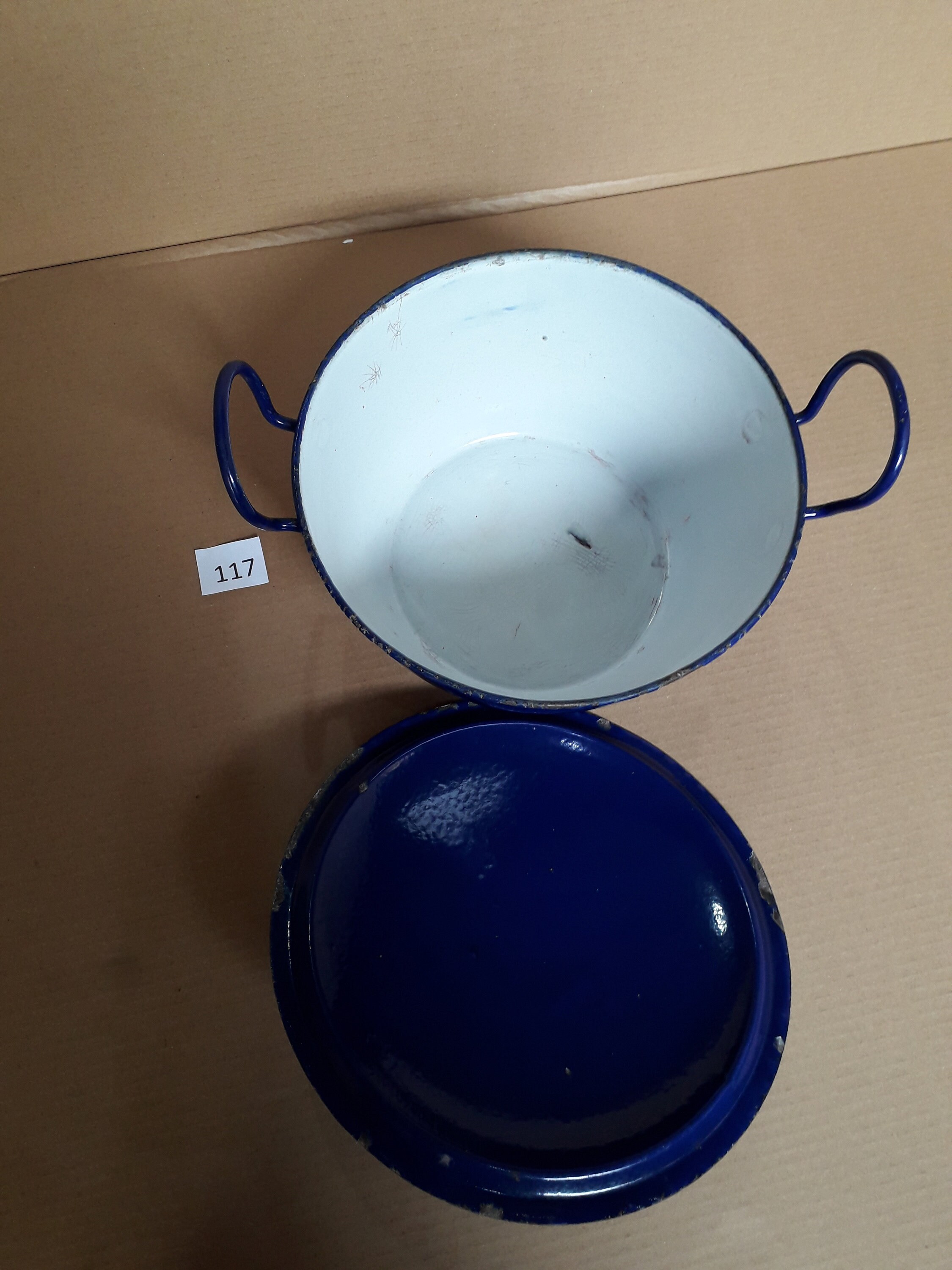 ヴィンテージ コバルトブルー 蓋付き大型鍋 エナメルウェア