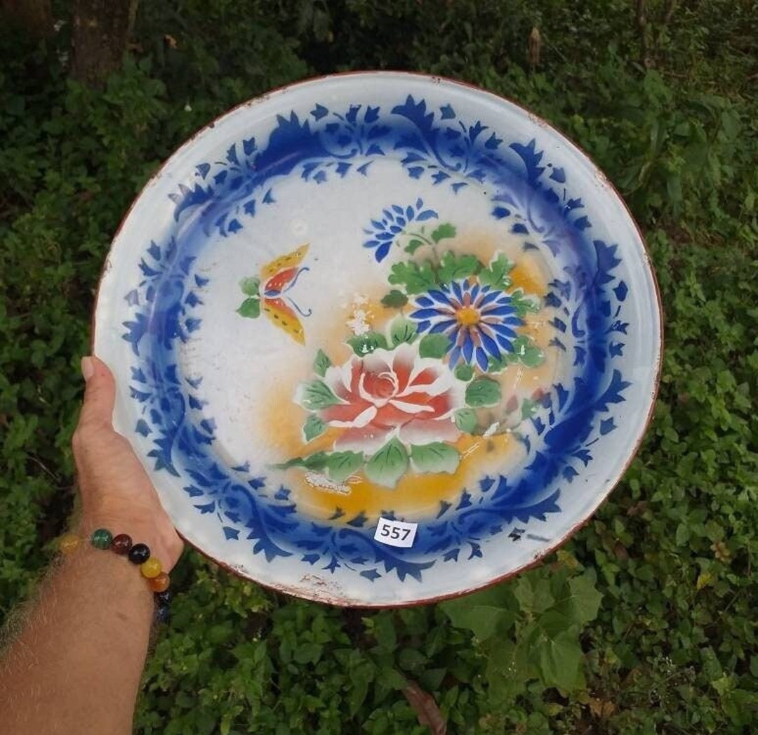 Vintage Large Enamelware Tray With Cheerful Butterfly & Floral Design