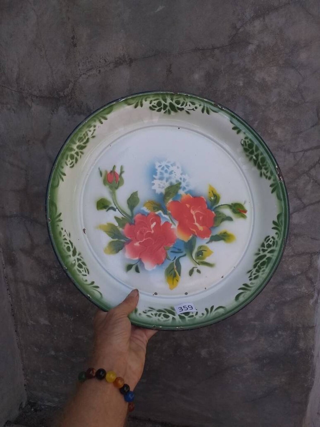 Vintage Large Enamelware Tray With Floral Design in Bright Vintage