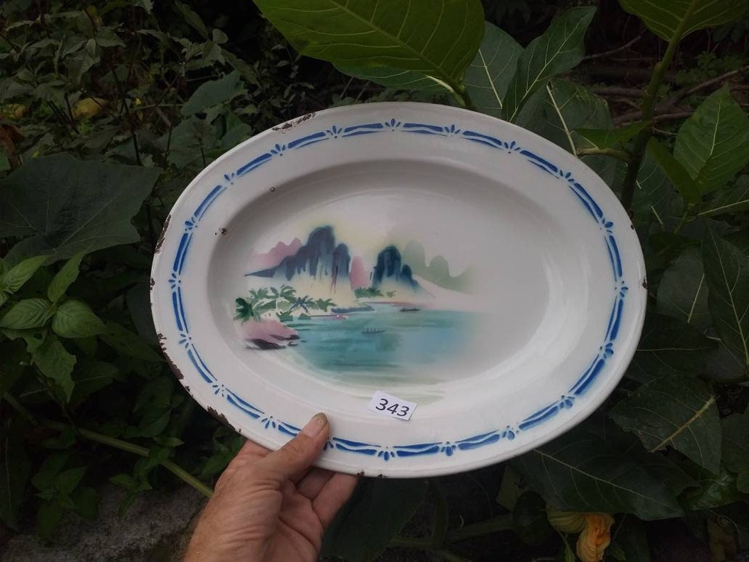 Vintage Enamelware Platter by Bumper Harvest Oval Plate With Fishing