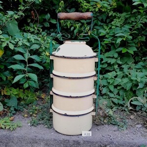Vintage cream enamelware tiffin a very traditional farm house  color antique enamel lunchbox 1950s