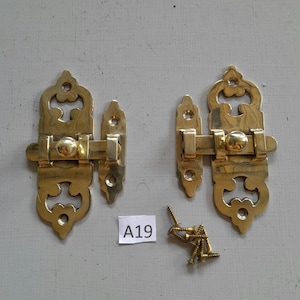 2 Vintage style heavy cast brass cabinet latches or door bolt lock NOT lacquered or coated includes FREE matching aged brass screws