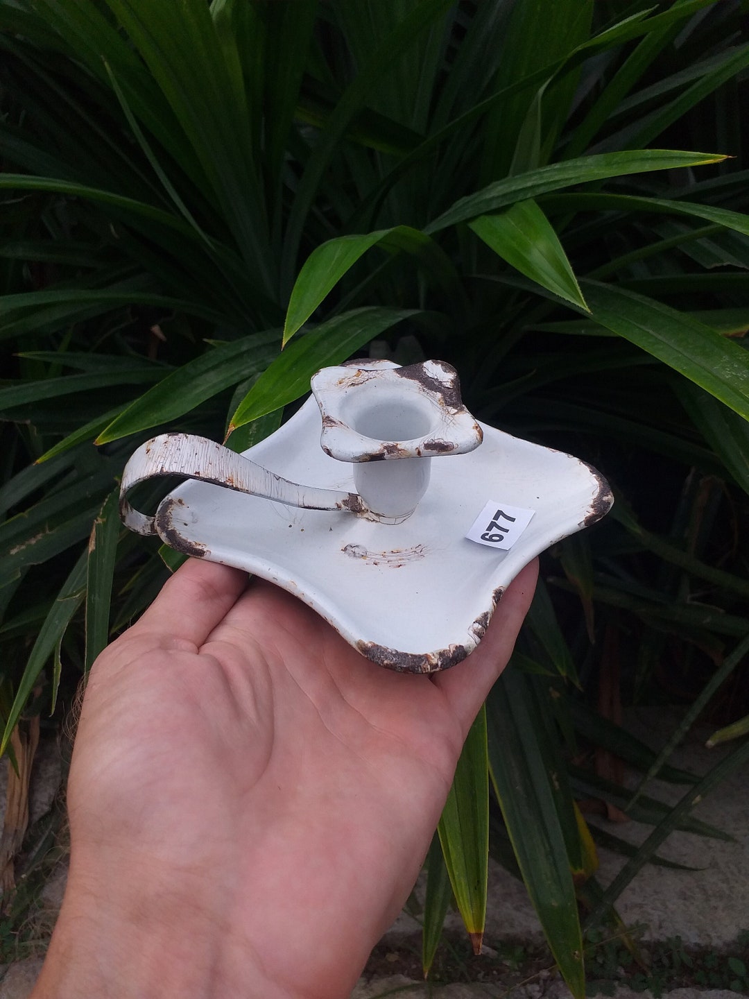 Vintage Enamelware Candle Holder or Chamber Stick Early