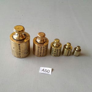 Antique brass weights complete set of five early wonderful date stamps late 1800s
